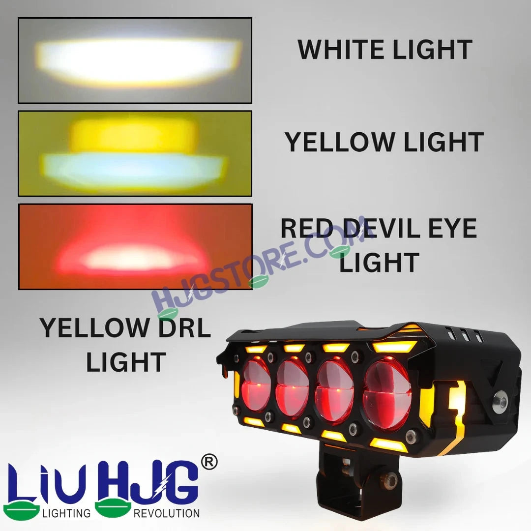 HJG New 300W Future Eyes Ring DRL 4 LED Projector Foglight with Wiring Harness Kit Red DRL/Amber Ring/White/Yellow Light 300W Foglight Ultra Wide Dual Intensity LED Driving Fog Lights Universal For All Cars & Bikes LIU HJG Ring 4 Lens Fog with Wiring Kit - HJGstore.com