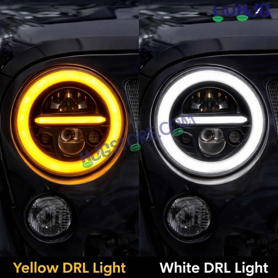HJG Minus Tri Projector Lens 7 Inch Headlight DRL 107W Projector Ultra Wide 7 Inch Headlight Assembly New Model Projector Headlight Assembly for Royal Enfield Thar | 107W CREE/Osram LED Chip White/Yellow Compatible with Royal Enfield, Jeep, Thar, Gypsy - HJGstore.com