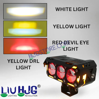 HJG New Future Eyes Ring DRL 3 LED Projector Foglight 240W with Wiring Harness Kit Red DRL/Amber Ring/White/Yellow Light 240W Foglight Ultra Wide Dual Intensity LED Driving Fog Lights Universal For All Cars & Bikes LIU HJG Ring 3 Lens Fog with Wiring Kit - HJGstore.com