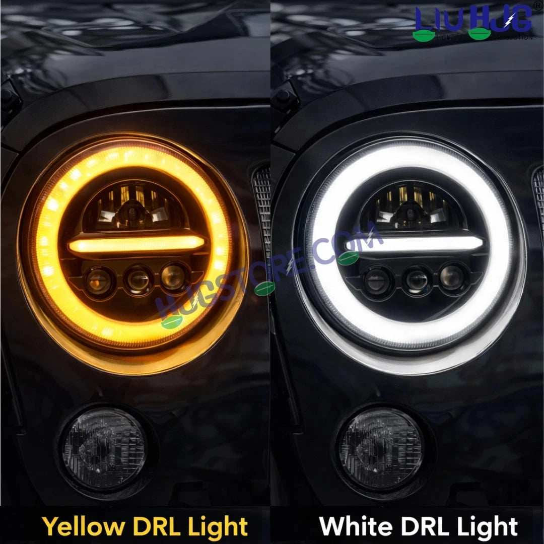 HJG Minus with 3 Projector Lens 7 Inch Headlight DRL 107W Projector Ultra Wide 7 Inch Headlight Assembly New Model Projector Headlight Assembly for Royal Enfield Thar | 107W CREE/Osram LED Chip White/Yellow Compatible with Royal Enfield, Jeep, Thar, Gypsy - HJGstore.com