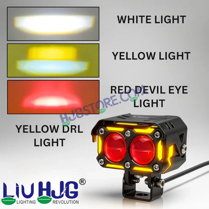 HJG New Future Eyes Ring DRL 2 LED Projector Foglight 120W with Wiring Harness Kit Red DRL/Amber Ring/White/Yellow Light 120W Foglight Ultra Wide Dual Intensity LED Driving Fog Lights Universal For All Cars & Bikes LIU HJG Ring 2 Lens Fog with Wiring Kit - HJGstore.com