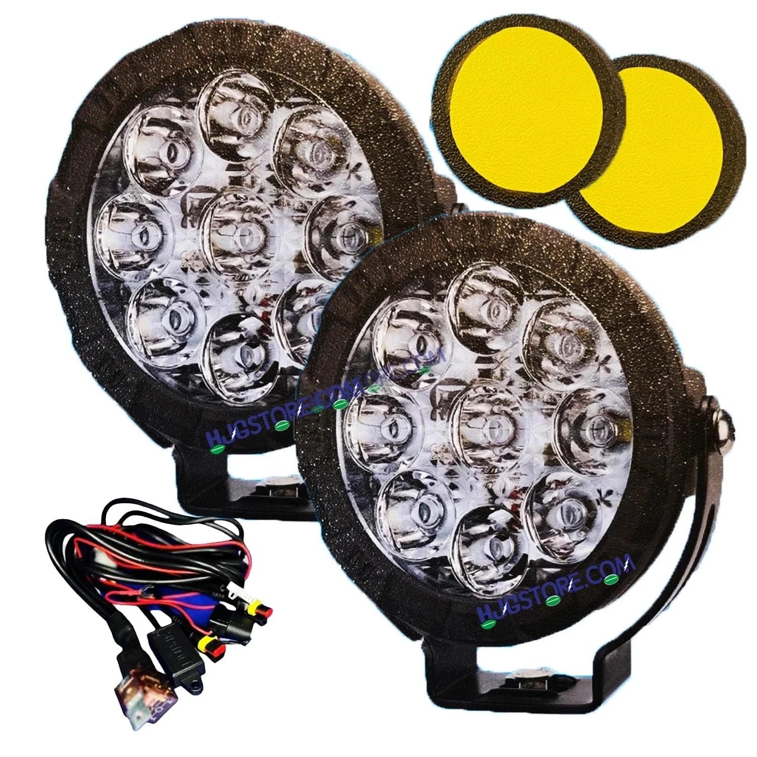 HJG New 9 LED 180W Round CREE Foglight Foglamp with Yellow Cover 180W 9 LED HJG 180W 9 LED Car Accessories Led Headlights Lights Led Fog Lights For Motorcycle Car SUV Lights, Set of 2 with Wiring Harness Kit HJG 9 LED Round 180W - HJGstore.com