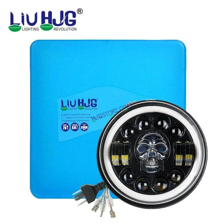 HJG 7 Inch Led Headlight Halo Lights Dual Color Yellow White 30w 7 Inch Round Motorcycle Lights For Jeeps Universal Car Compatible with Royal Enfield, Jeep & Harley Davidson (Harley Boss Headlight) Skull - HJGstore.com