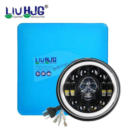 HJG 7 Inch Led Headlight Halo Lights Dual Color Yellow White 30w 7 Inch Round Motorcycle Lights For Jeeps Universal Car Compatible with Royal Enfield, Jeep & Harley Davidson (Harley Boss Headlight) Skull - HJGstore.com