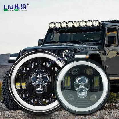 HJG 7 Inch Led Headlight Halo Lights Dual Color Yellow White 30w 7 Inch Round Motorcycle Lights For Jeeps Universal Car Compatible with Royal Enfield, Jeep & Harley Davidson (Harley Boss Headlight) Skull - HJGstore.com