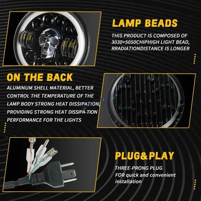 HJG 7 Inch Led Headlight Halo Lights Dual Color Yellow White 30w 7 Inch Round Motorcycle Lights For Jeeps Universal Car Compatible with Royal Enfield, Jeep & Harley Davidson (Harley Boss Headlight) Skull - HJGstore.com