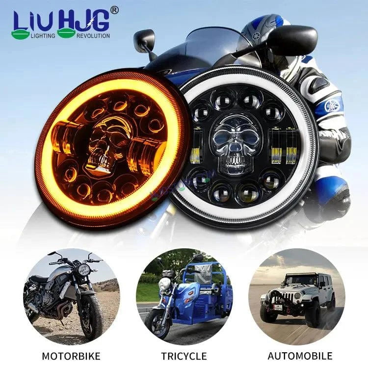 HJG 7 Inch Led Headlight Halo Lights Dual Color Yellow White 30w 7 Inch Round Motorcycle Lights For Jeeps Universal Car Compatible with Royal Enfield, Jeep & Harley Davidson (Harley Boss Headlight) Skull - HJGstore.com