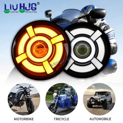 HJG 7 Inch Led Headlight Halo Lights Dual Color Yellow White 30w 7 Inch Round Motorcycle Lights For Jeeps Universal Car Compatible with Royal Enfield, Jeep & Harley Davidson - HJGstore.com