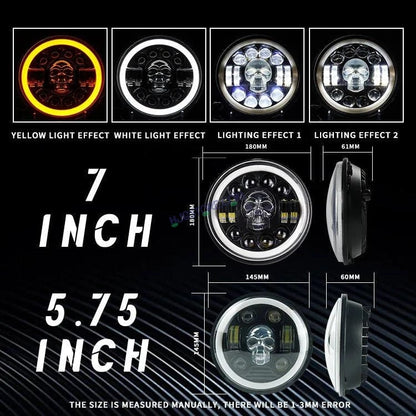 HJG 7 Inch Led Headlight Halo Lights Dual Color Yellow White 30w 7 Inch Round Motorcycle Lights For Jeeps Universal Car Compatible with Royal Enfield, Jeep & Harley Davidson (Harley Boss Headlight) Skull - HJGstore.com