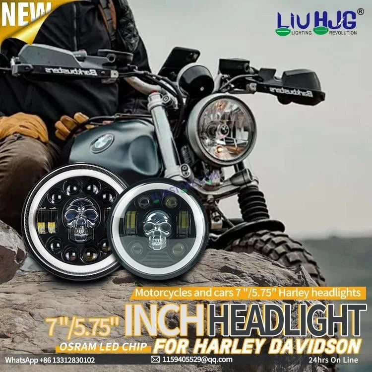 HJG 7 Inch Led Headlight Halo Lights Dual Color Yellow White 30w 7 Inch Round Motorcycle Lights For Jeeps Universal Car Compatible with Royal Enfield, Jeep & Harley Davidson (Harley Boss Headlight) Skull - HJGstore.com