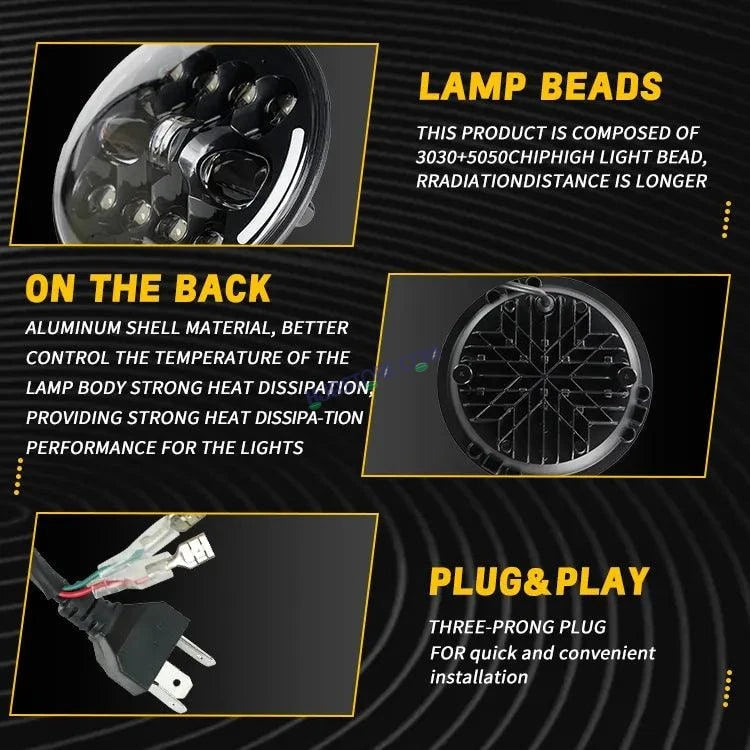 HJG 7 Inch Led Headlight Halo Lights Dual Color Yellow White 90w 7 Inch Round Motorcycle Lights For Jeeps Universal Car Compatible with Royal Enfield, Jeep & Harley Davidson King Kong - HJGstore.com