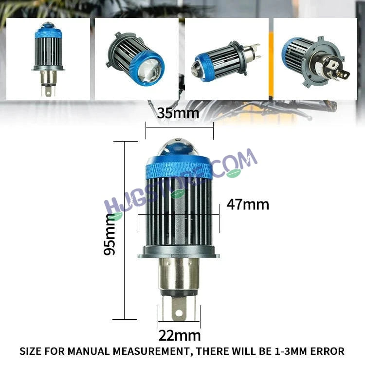 HJG H4 Lens LED Ice Blue Devil Lens New Model Ice Blue White Yellow LED Headlight Bulb H4 For All Motorcycles (Low and High Beam Bulbs (White/Yellow/Ice Blue) Ice Blue DRL White Yellow 50W Lens) - 12V DC Hi/Lo Type H4 - HJGstore.com