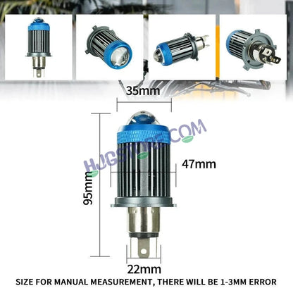 HJG H4 Lens LED Ice Blue Devil Lens New Model Ice Blue White Yellow LED Headlight Bulb H4 For All Motorcycles (Low and High Beam Bulbs (White/Yellow/Ice Blue) Ice Blue DRL White Yellow 50W Lens) - 12V DC Hi/Lo Type H4 - HJGstore.com