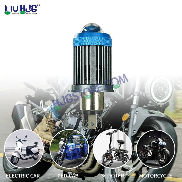 HJG H4 Lens LED Ice Blue Devil Lens New Model Ice Blue White Yellow LED Headlight Bulb H4 For All Motorcycles (Low and High Beam Bulbs (White/Yellow/Ice Blue) Ice Blue DRL White Yellow 50W Lens) - 12V DC Hi/Lo Type H4 - HJGstore.com