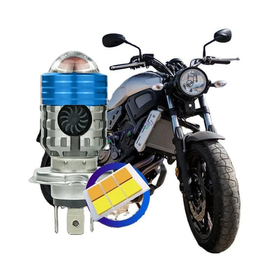 HJG H4 Lens Headlight Bulb with Cooling Fan New Model White Yellow LED Headlight Bulb H4 For All Motorcycles (Low and High Beam Bulbs (White/Yellow) White Yellow 40W Lens) LIU HJG H4 Lens Headlight with Cooling Fan - Type H4 - HJGstore.com