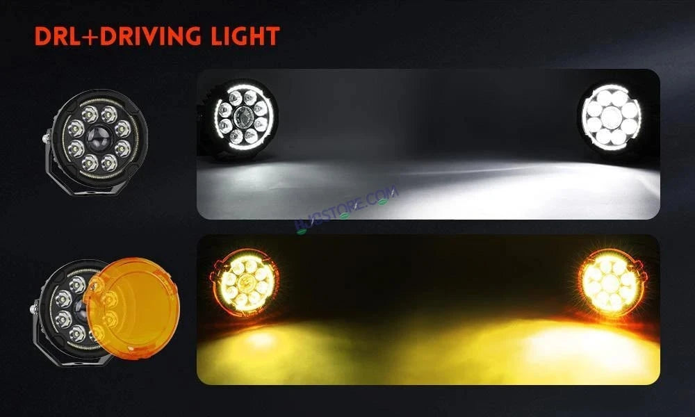 HJG New 9 LED 180W Round CREE Foglight Foglamp with Yellow Cover 180W 9 LED HJG 180W 9 LED Car Accessories Led Headlights Lights Led Fog Lights For Motorcycle Car SUV Lights, Set of 2 with Wiring Harness Kit HJG 9 LED Round 180W - HJGstore.com