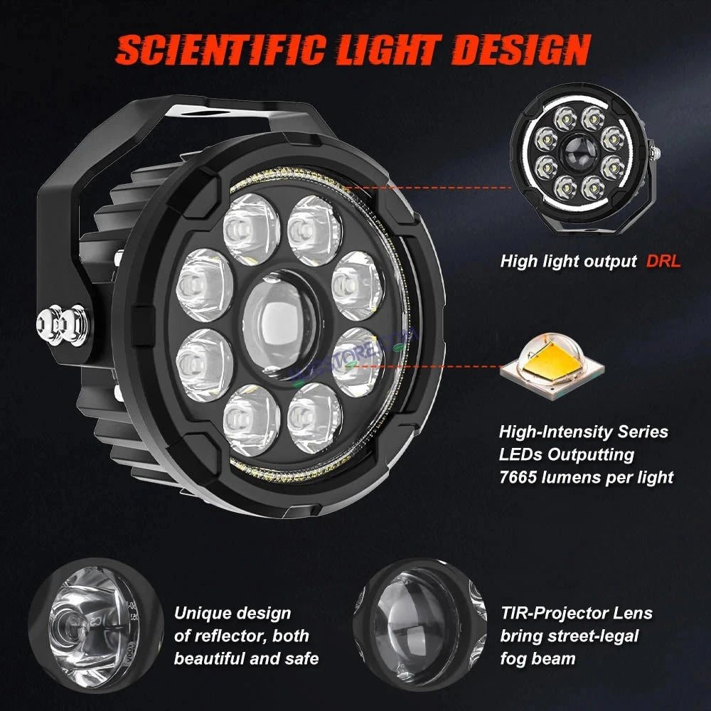 HJG New 9 LED 180W Round CREE Foglight Foglamp with Yellow Cover 180W 9 LED HJG 180W 9 LED Car Accessories Led Headlights Lights Led Fog Lights For Motorcycle Car SUV Lights, Set of 2 with Wiring Harness Kit HJG 9 LED Round 180W - HJGstore.com