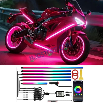 HJG 6Pcs Motorcycle Ambient Lighting Kit, Smart Mobile App Controlled RGB LED Underglow Strips (12V) | Waterproof & All Weather Proof | Flexible, Bendable & Can Be Cut Anywhere for Custom Fit | Multi-Color Accent Glow for All Bikes LIU HJG Ambient Light - HJGstore.com
