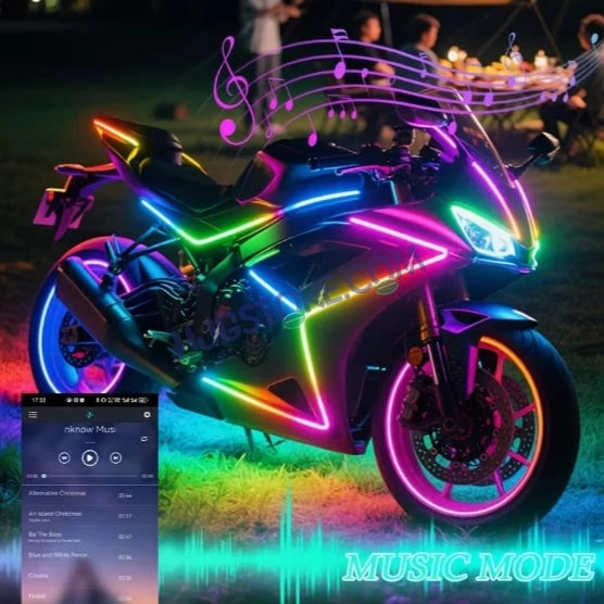HJG 6Pcs Motorcycle Ambient Lighting Kit, Smart Mobile App Controlled RGB LED Underglow Strips (12V) | Waterproof & All Weather Proof | Flexible, Bendable & Can Be Cut Anywhere for Custom Fit | Multi-Color Accent Glow for All Bikes LIU HJG Ambient Light - HJGstore.com