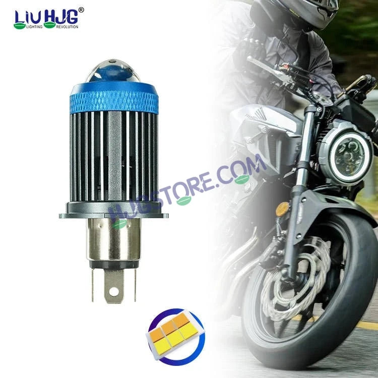 HJG H4 Lens LED Ice Blue Devil Lens New Model Ice Blue White Yellow LED Headlight Bulb H4 For All Motorcycles (Low and High Beam Bulbs (White/Yellow/Ice Blue) Ice Blue DRL White Yellow 50W Lens) - 12V DC Hi/Lo Type H4 - HJGstore.com