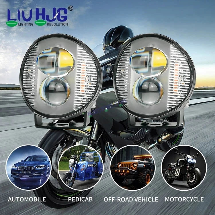 HJG 2 LED Round New with Red Blue Flash Strobe 1pc LIU HJG Fog Light for Bikes and Cars High Power, Heavy clamp and Strong aluminum. (2 LED Round Fog White/Yellow with Red/Blue Flash) White/Yellow Projector, Red Blue Strobe Flash, Pack of 2 - HJGstore.com