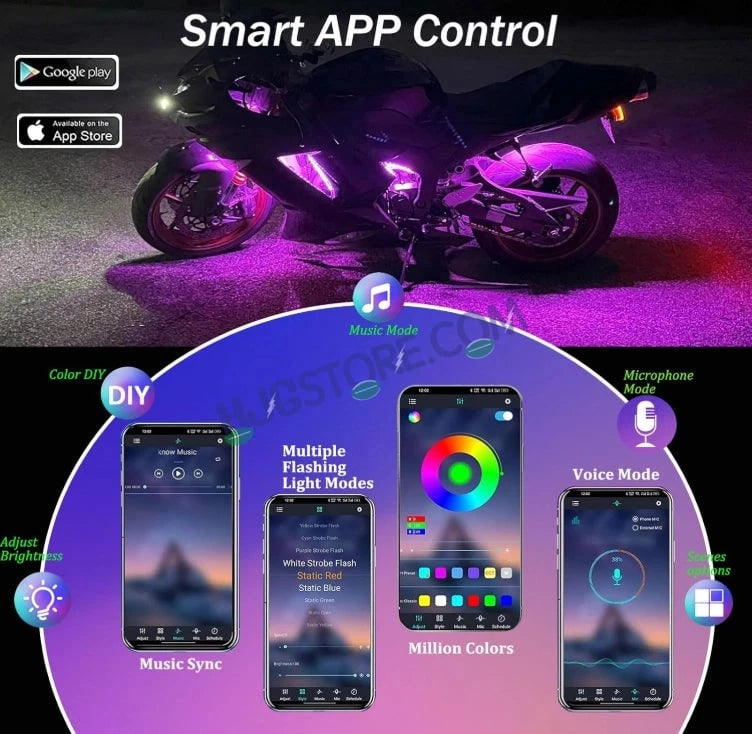 HJG 6Pcs Motorcycle Ambient Lighting Kit, Smart Mobile App Controlled RGB LED Underglow Strips (12V) | Waterproof & All Weather Proof | Flexible, Bendable & Can Be Cut Anywhere for Custom Fit | Multi-Color Accent Glow for All Bikes LIU HJG Ambient Light - HJGstore.com