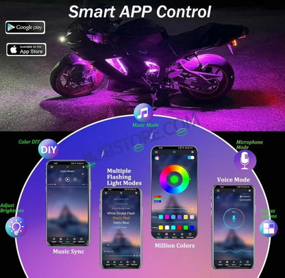 HJG 6Pcs Motorcycle Ambient Lighting Kit, Smart Mobile App Controlled RGB LED Underglow Strips (12V) | Waterproof & All Weather Proof | Flexible, Bendable & Can Be Cut Anywhere for Custom Fit | Multi-Color Accent Glow for All Bikes LIU HJG Ambient Light - HJGstore.com