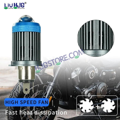 HJG H4 Lens LED Ice Blue Devil Lens New Model Ice Blue White Yellow LED Headlight Bulb H4 For All Motorcycles (Low and High Beam Bulbs (White/Yellow/Ice Blue) Ice Blue DRL White Yellow 50W Lens) - 12V DC Hi/Lo Type H4 - HJGstore.com