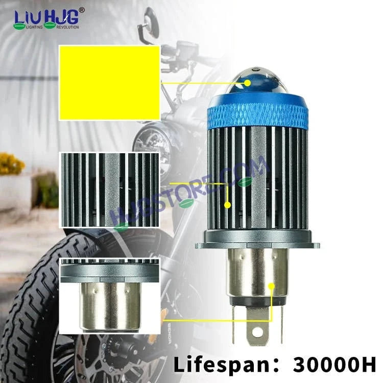 HJG H4 Lens New Mini Jet LED Rocket New Model White Yellow LED Headlight Bulb H4 For All Motorcycles (Low and High Beam Bulbs (White/Yellow) Long Range Focused Hi/Lo Beam White Yellow 50W Lens) - 12V DC Hi/Lo Type H4 Lens Mini Jet Rocket H4 - HJGstore.com