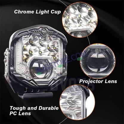 HJG GodsEye Side Shooter 1 LED with 8 CREE LED White/Red Off Road 7 inch 95W LED Headlight Spot Light Fog Light Universal For Bike, Truck, Jeep, Car Bike Led Headlights LED Fog Lights For Motorcycle Car SUV Lights, Pack of 1 LIU HJG GodsEye Side Shooter - HJGstore.com