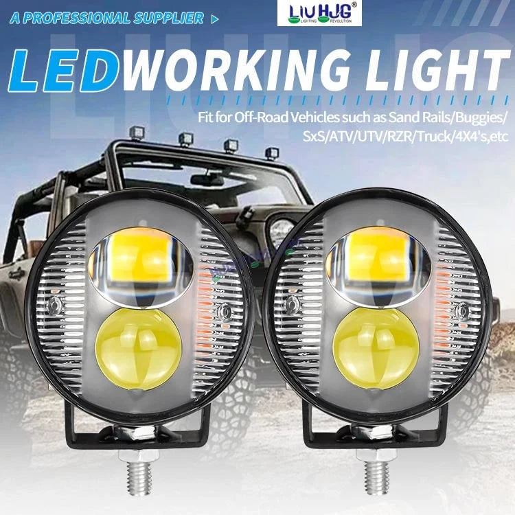 HJG 2 LED Round New with Red Blue Flash Strobe 2pc LIU HJG Fog Light for Bikes and Cars High Power, Heavy clamp and Strong aluminum. (2 LED Round Fog White/Yellow with Red/Blue Flash) White/Yellow Projector, Red Blue Strobe Flash, Pack of 2 - HJGstore.com