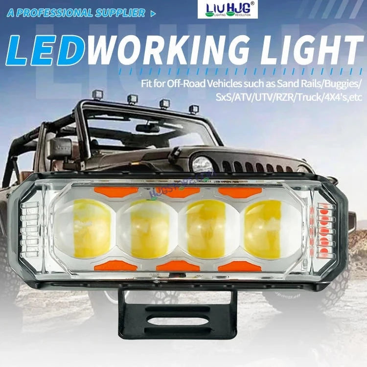 HJG 4 LED Light Bar with Red Blue Flash Strobe Fog Light for Bikes and Cars High Power, Heavy clamp and Strong aluminum. (4 LED Fog Light Bar Single) White/Yellow, Red Blue Strobe Flash, Pack of 1 - HJGstore.com