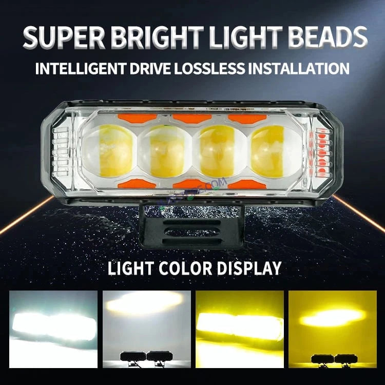 HJG 4 LED Light Bar with Red Blue Flash Strobe Fog Light for Bikes and Cars High Power, Heavy clamp and Strong aluminum. (4 LED Fog Light Bar Single) White/Yellow, Red Blue Strobe Flash, Pack of 1 - HJGstore.com