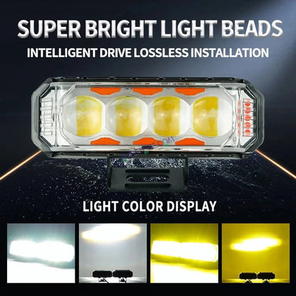 HJG 4 LED Light Bar with Red Blue Flash Strobe Fog Light for Bikes and Cars High Power, Heavy clamp and Strong aluminum. (4 LED Fog Light Bar Single) White/Yellow, Red Blue Strobe Flash, Pack of 1 - HJGstore.com