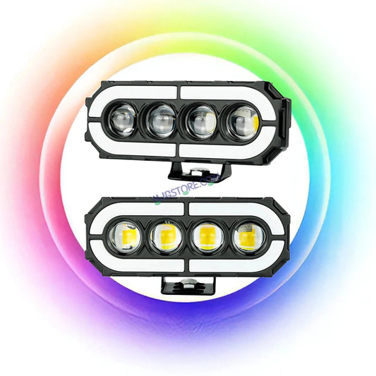 HJG 4 Lens with RGB Ring DRL 4 Projector Lens 2pc Foglight with RGB Ring 4 LED Projector Fog 120W with RGB DRL Foglight Ultra Wide Dual Intensity LED Fog Lights White/Yellow/RGB DRL Projector (120W) Universal For All Cars & Bikes LIU HJG 4 Lens RGB Ring - HJGstore.com