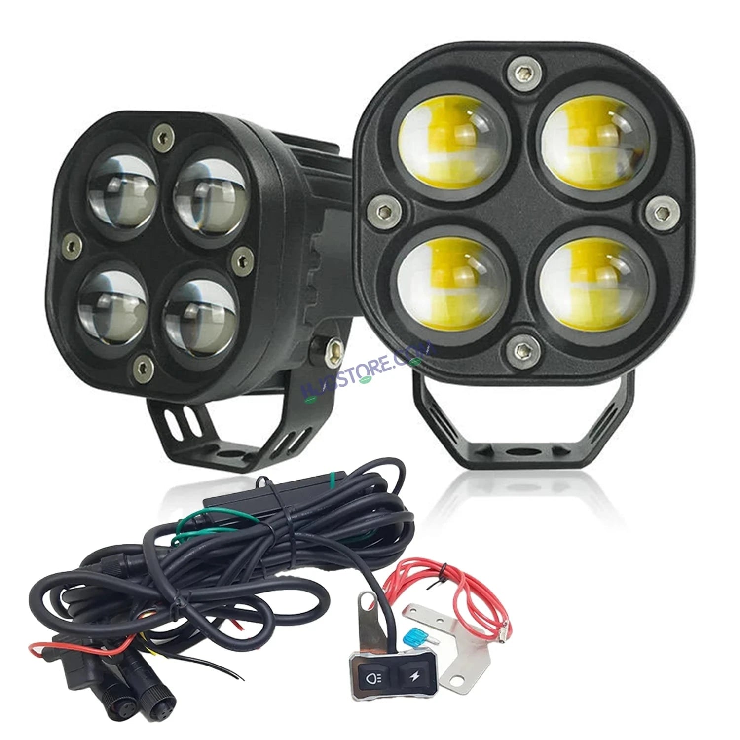 HJG 4x4 Projector Lens Foglight with Wiring Kit 80W 4*4 Lens Future Eyes Fog Projector Lens 2pc Foglight White/Yellow/Flash Modes 80W Foglight LED Fog Lights White/Yellow/Flash Universal For All Cars Bikes LIU HJG 4x4 Projector with Wiring Harness Kit - HJGstore.com