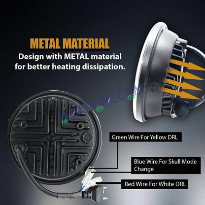 HJG 5.75 Inch Skull Multi DRL LED Headlight Assembly with Spotless and Bright DRL Fits in Harley Davidson, Jeep, Bajaj Avenger 5.75" (12V-80V DC 75W) LIU HJG 5.75 Inch Skull Multi DRL Headlight Assembly - HJGstore.com