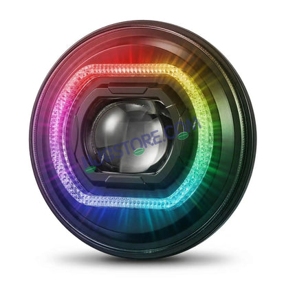 HJG RGB Ring DRL 90W Projector Ultra Wide 7 Inch Headlight Assembly Mobile App Control C-316 White LED Headlight New Model Projector Headlight Assembly for Royal Enfield | 90W CREE/Osram LED Chip Multi DRL Compatible with Royal Enfield, Jeep, Thar, Gypsy - HJGstore.com