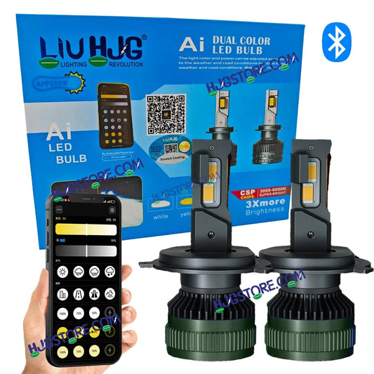 HJG AI Bulb H4 App Control 200W H4 Adjustable Beam Color Adjustable Brightness LED Bulb AC/DC Headlight White/Yellow/Warm White/Flash Beam 200W for Bike Car LED Light H4 Hi/Lo Beam Headlight 12V/24V for Bike/Car, LIU HJG AI Bulb Pack of 2, H4 Socket - HJGstore.com