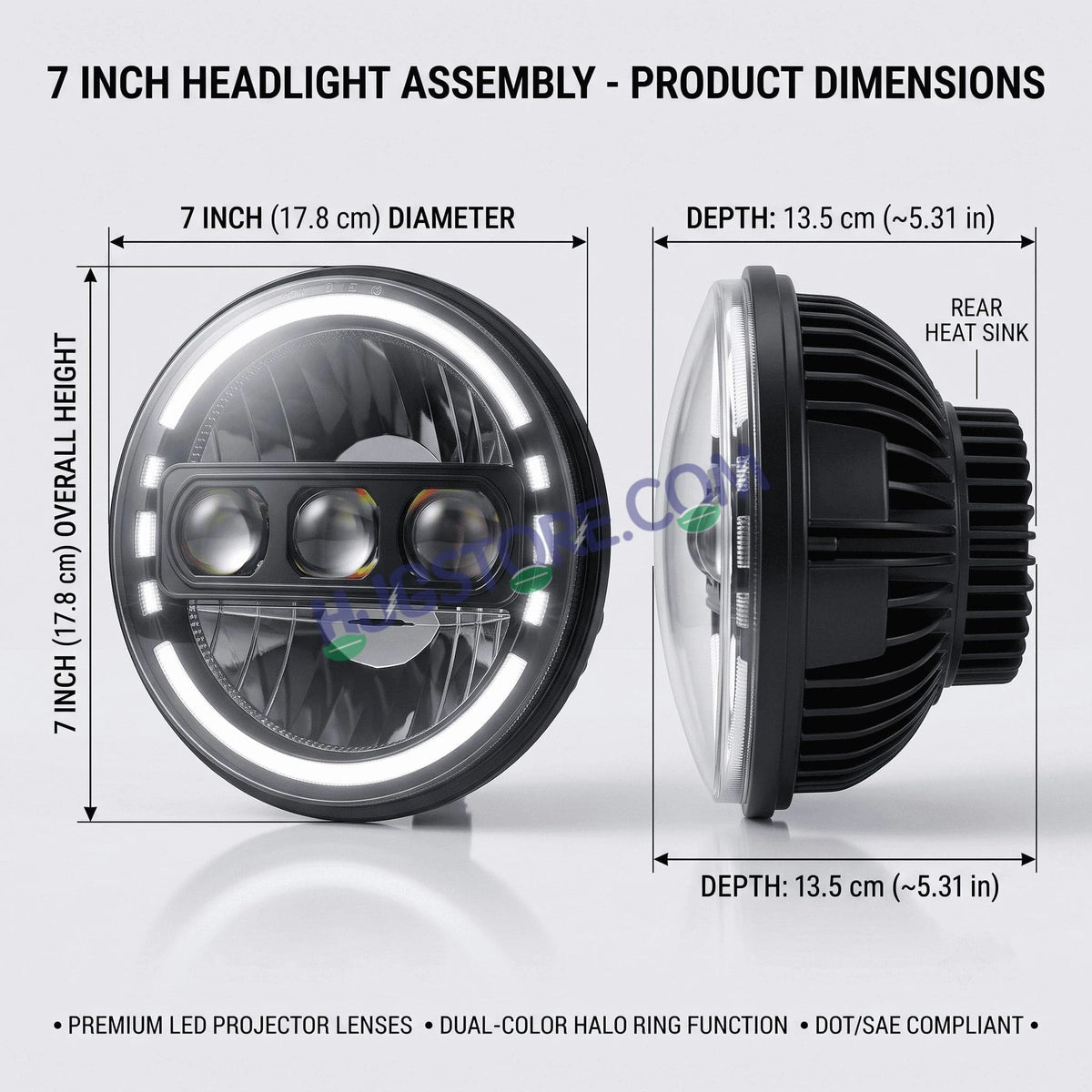 HJG C-235 Blue Halo Ring 7 Inch Headlight Assembly White Amber 7 Inch Headlight Assembly 133W Projector Ultra Wide C-235 White LED Headlight New Projector Headlight Assembly | 133W CREE/Osram LED Multi DRL Compatible with Royal Enfield, Jeep, Thar, Gypsy - HJGstore.com