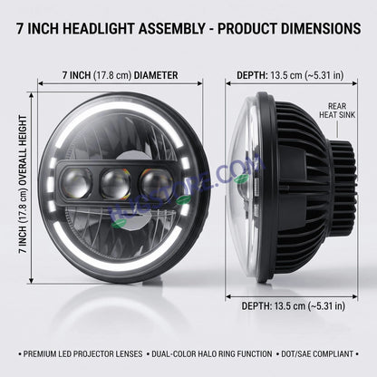 HJG C-235 Blue Halo Ring 7 Inch Headlight Assembly White Amber 7 Inch Headlight Assembly 133W Projector Ultra Wide C-235 White LED Headlight New Projector Headlight Assembly | 133W CREE/Osram LED Multi DRL Compatible with Royal Enfield, Jeep, Thar, Gypsy - HJGstore.com