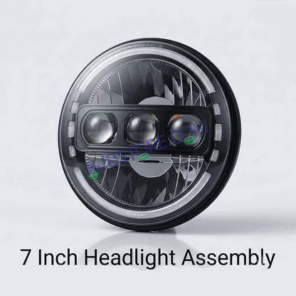HJG C-235 Blue Halo Ring 7 Inch Headlight Assembly White Amber 7 Inch Headlight Assembly 133W Projector Ultra Wide C-235 White LED Headlight New Projector Headlight Assembly | 133W CREE/Osram LED Multi DRL Compatible with Royal Enfield, Jeep, Thar, Gypsy - HJGstore.com
