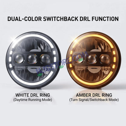 HJG C-235 Blue Halo Ring 7 Inch Headlight Assembly White Amber 7 Inch Headlight Assembly 133W Projector Ultra Wide C-235 White LED Headlight New Projector Headlight Assembly | 133W CREE/Osram LED Multi DRL Compatible with Royal Enfield, Jeep, Thar, Gypsy - HJGstore.com