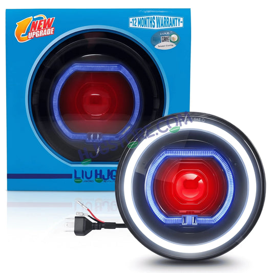 HJG C-279 Red Devil Blue Halo Ring 7 Inch Headlight Assembly 92W Projector Ultra Wide Halo Ring C-279 White LED Headlight New Projector Headlight Assembly | 92W CREE/Osram LED Chip Multi DRL Compatible with Royal Enfield, Jeep, Thar, Gypsy - HJGstore.com