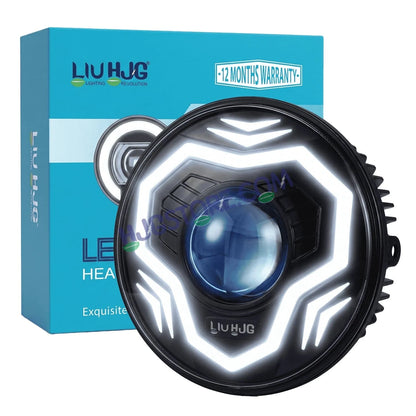 HJG C-292 Prime App-Controlled RGB DRL 7 Inch Headlight Assembly White Amber 7 Inch Headlight Assembly 108W Projector Ultra Wide C-292 LED Headlight Assembly | 108W CREE/Osram LED Chip RGB App Control DRL Compatible with Royal Enfield, Jeep, Thar, Gypsy - HJGstore.com