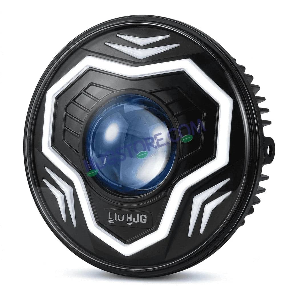 HJG C-292 Prime App-Controlled RGB DRL 7 Inch Headlight Assembly White Amber 7 Inch Headlight Assembly 108W Projector Ultra Wide C-292 LED Headlight Assembly | 108W CREE/Osram LED Chip RGB App Control DRL Compatible with Royal Enfield, Jeep, Thar, Gypsy - HJGstore.com