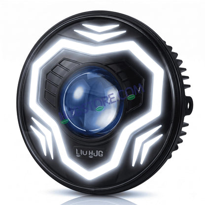 HJG C-292 Prime App-Controlled RGB DRL 7 Inch Headlight Assembly White Amber 7 Inch Headlight Assembly 108W Projector Ultra Wide C-292 LED Headlight Assembly | 108W CREE/Osram LED Chip RGB App Control DRL Compatible with Royal Enfield, Jeep, Thar, Gypsy - HJGstore.com