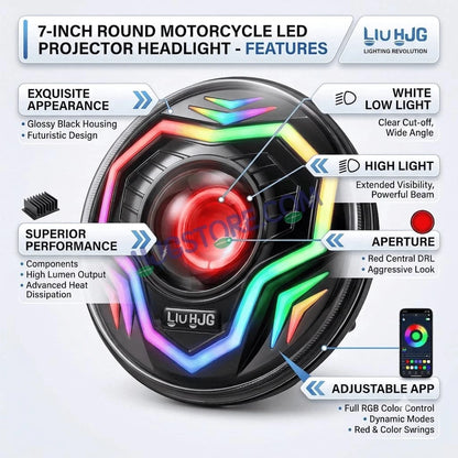 HJG C-292 Prime App-Controlled RGB DRL 7 Inch Headlight Assembly White Amber 7 Inch Headlight Assembly 108W Projector Ultra Wide C-292 LED Headlight Assembly | 108W CREE/Osram LED Chip RGB App Control DRL Compatible with Royal Enfield, Jeep, Thar, Gypsy - HJGstore.com