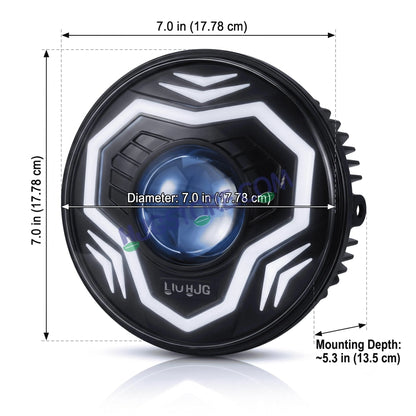 HJG C-292 Prime App-Controlled RGB DRL 7 Inch Headlight Assembly White Amber 7 Inch Headlight Assembly 108W Projector Ultra Wide C-292 LED Headlight Assembly | 108W CREE/Osram LED Chip RGB App Control DRL Compatible with Royal Enfield, Jeep, Thar, Gypsy - HJGstore.com