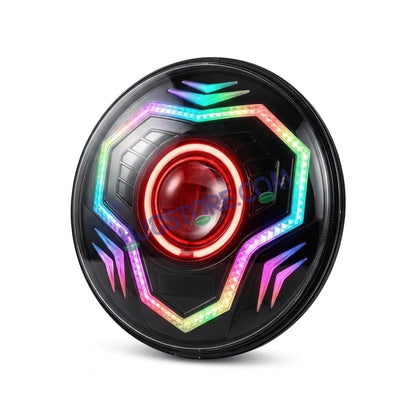 HJG C-292 Prime App-Controlled RGB DRL 7 Inch Headlight Assembly White Amber 7 Inch Headlight Assembly 108W Projector Ultra Wide C-292 LED Headlight Assembly | 108W CREE/Osram LED Chip RGB App Control DRL Compatible with Royal Enfield, Jeep, Thar, Gypsy - HJGstore.com